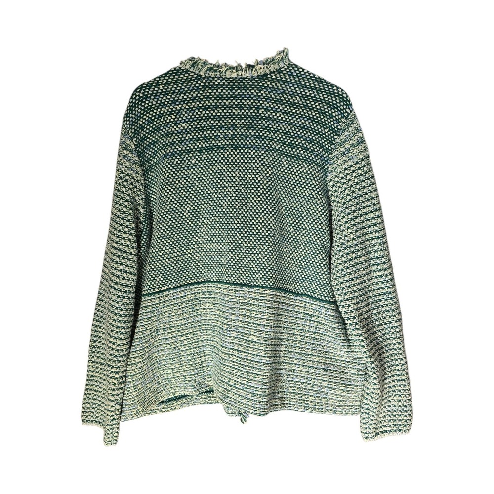 Chico's Pacific Teal Fringe Tweed Cardigan Jacket Knit Women's Size 4 - Picture 4 of 10